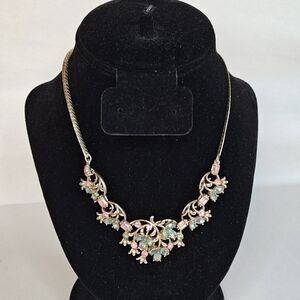 VTG Hollycraft 1955 Floral Vines Statement Necklace Pink Green Stones Gorgeous